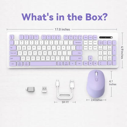 Purple Keyboard and Mouse Wireless, 2.4G Rechargeable for Home and Office