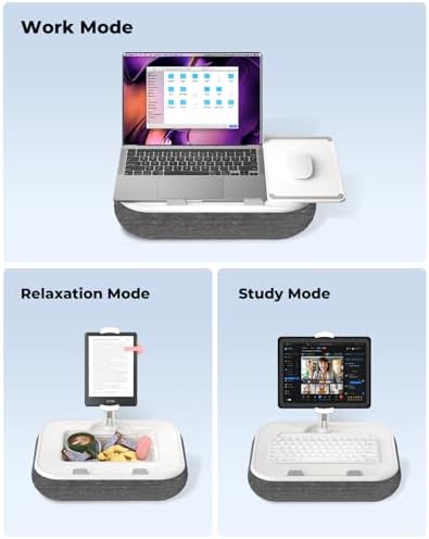 Viozon Kindle Pillow Stand Holder, Phone Holder for Bed, Laptop Lap Desk with Mouse Pad,Compatible with 4.7-13" Kindle/Tablet/Phone,10-15" Laptop, Snack Bowl&Cup Attachment&Detachable 360°Stand Arm