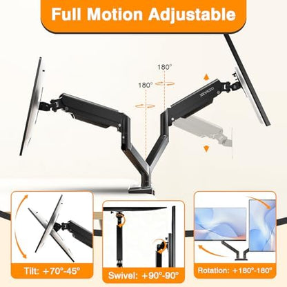 Dual Monitor Arms, Gas Spring Monitor Arms for 2 Monitors up to 34" Curved/Flat, 22lbs per Arm, VESA Mount 75x75 100x100mm, C-Clamp & Grommet Base, Adjustable Tilt/Swivel/Rotation