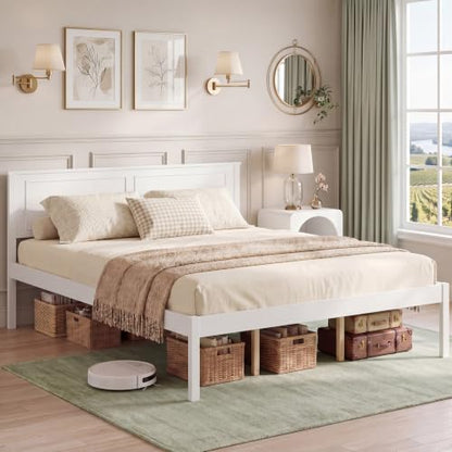 Queen Size Bed Frame, Farmhouse Wooden Platform Bed with Headboard