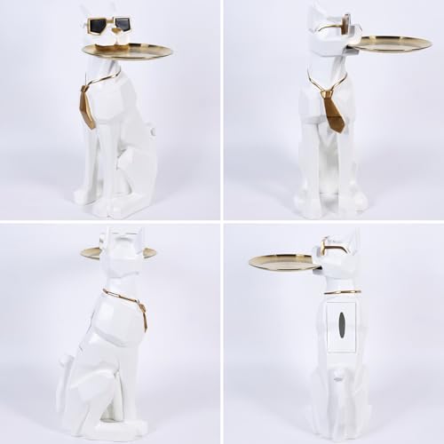 White 27-Inch Dog Side Table, Butler Statue with Tray & Tissue Holder