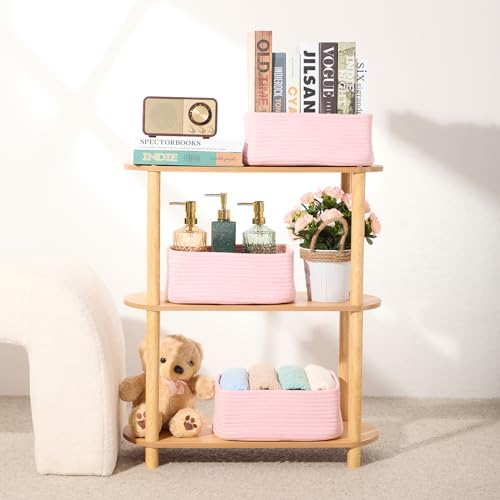 MiniArk Small Storage Baskets for Organizing | Closet Organizer Bins | Shelf Toy Basket | Woven Rope Baskets | Cube Decorative Box | Shallow Basket | 11.5x7.5x4.7” | 3 Packs Pink