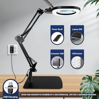 Magnifying Glass with Light and Stand,15x 3in1 Magnifying Lamp, 5 Color Stepless Dimmable,80 Led Desk&Floor Lamp with Lighted Magnifying Glass,Hands Free Magnifying Glasses for Close Work