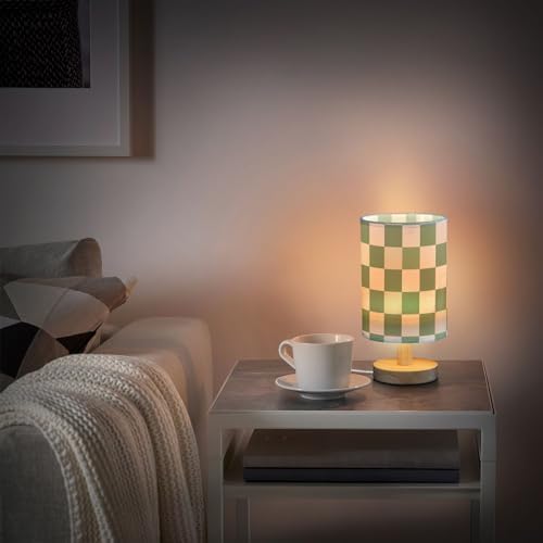 Bedside Lamp Green White Checkered Pattern Table Lamp for Bedroom LED Nightstand Lamp Shade USB Ports Wood Base for Living Room Dorm Office