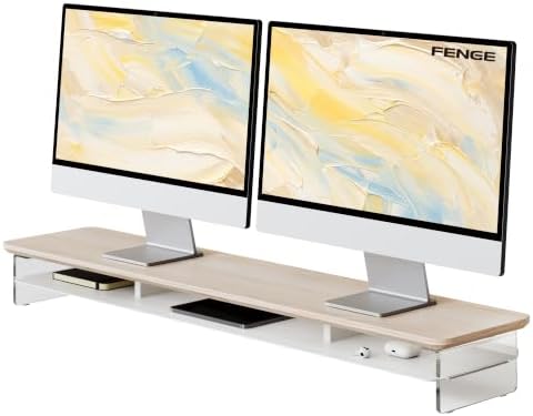 Fenge 42.5" Dual Monitor Stand with Clear Acrylic Legs, Oak