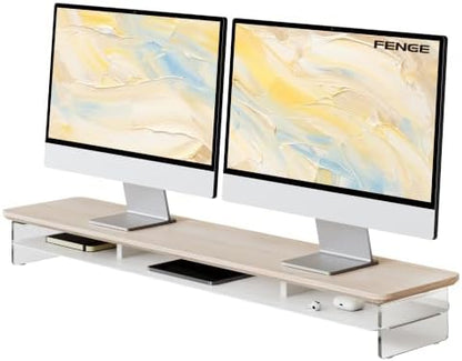 Fenge 42.5" Dual Monitor Stand with Clear Acrylic Legs, Oak