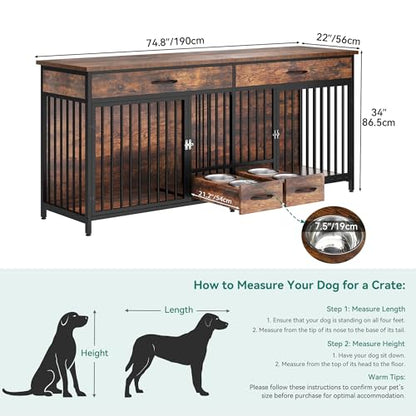 74.8" Double Dog Crate Furniture with Dog Feeder & Drawers