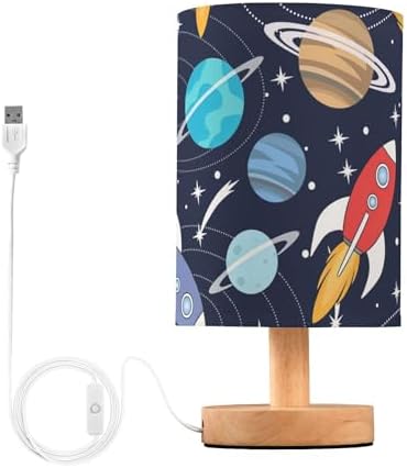 Bedside Lamp Space Cute Rockets Planets Table Lamp for Bedroom LED Nightstand Lamp Shade USB Ports Wood Base for Living Room Dorm Office