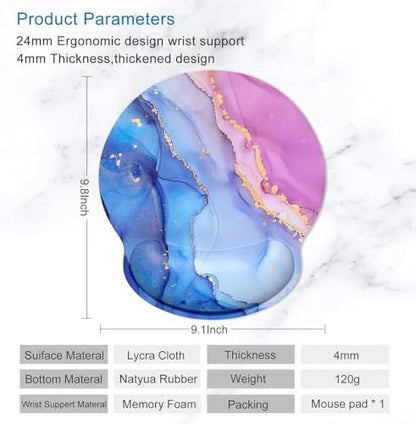 ITNRSIIET Ergonomic Mouse Pad with Wrist Support Wrist Rest Smooth Surface Non-Slip Rubber Base Comfortable Office Supplies Pain Relief, 9.8 x 9.1 inches, Blue Purple Marble Art