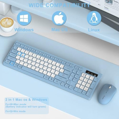 Wireless Keyboard and Mouse Combo Silent for Office and Home(Misty Blue-B)