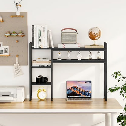 Snughome Adjustable Desk Shelf with Monitor Stand, 38.6" Desktop Organizer Hutch, Height Adjustable Computer Monitor Riser & 4 Tier Storage Bookshelf for Home Office Dorm, Black