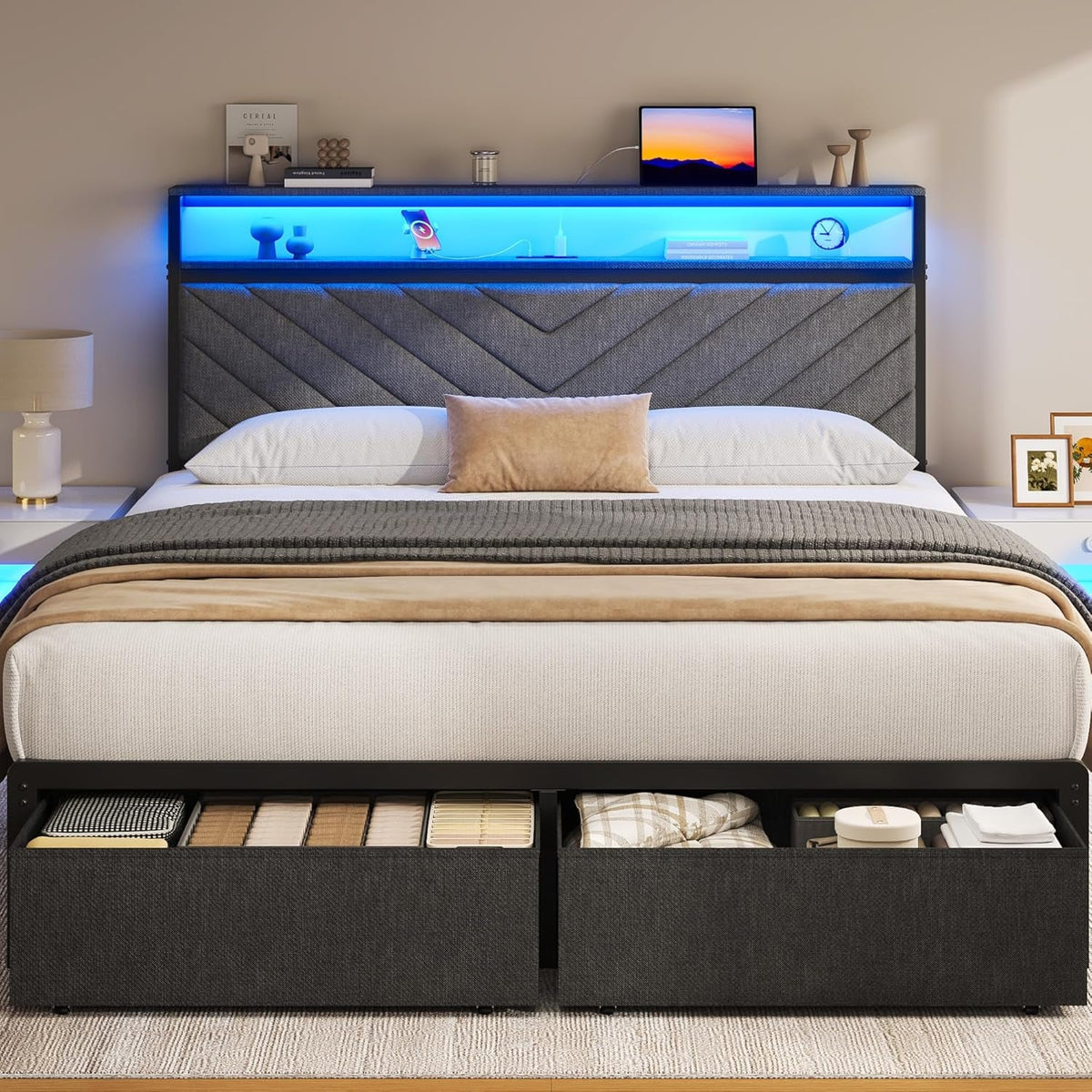 Queen Bed Frame with 2 Drawers, Upholstered Headboard with Storage and Charging Station, LED Lights, Fabric Drawers with Wheels, under Bed Storage, No Box Spring Needed, Easy Assembly, Grey