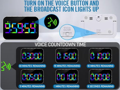 Kitchen Timer（1.5" Number）with Voice Reminder,10 RGB Color Changing Digital Magnetic Timer, Countdown/Up, Rechargeabilit, Brightness Display, 3 Volume Levels and Vibration Mode, for Classroom, Cooking