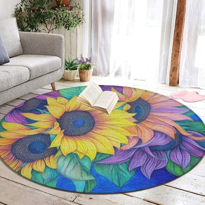 Machine Washable Modern Round Area Rug, Room Sofa Yoga Soft Round Carpet, Home Decor Non Slip Kitchen Office Circle Rug Colorful Sunflower, 24inch
