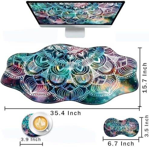Mouse Pad with Wrist Support + Desk Mat + Coaster 3 in 1 Set, XXL Large Gaming Mousepad Ergonomic Mouse Pads for Desk Computer Laptop Office,Mandala in Galaxy