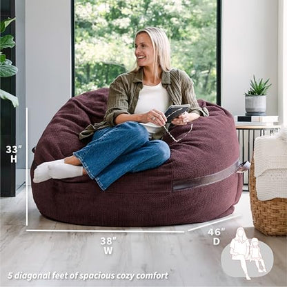 Big Joe Fuf 5Ft Oversized Foam Bean Bag Chair with Removable Cover for Kids, Teens, Adults, Merlot Cloudweave, 5 Foot Large Reading and Gaming Seat