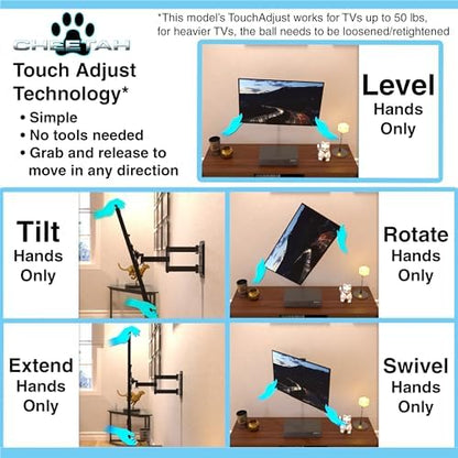 Cheetah Full Motion TV Wall Mount for 24-75" TVs up to 66 lbs, Includes 10 ft HDMI Cable, Tools-Free Tilt, Max VESA 400x400mm, Articulating Arm TV Bracket, Swivel, Low Profile, Extends 20", ALAMLB