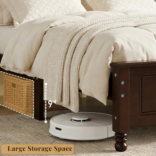 Dark Walnut Wood Bed Frame Queen Size with Wave Shaped Headboard