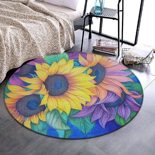 Machine Washable Modern Round Area Rug, Room Sofa Yoga Soft Round Carpet, Home Decor Non Slip Kitchen Office Circle Rug Colorful Sunflower, 24inch