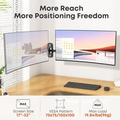 Long Arm Monitor Wall Mount up to 32 Inch, Heavy Duty 3-Section Steel Arm