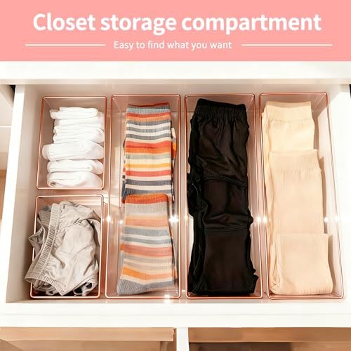 4 Pack Large Size Clear Stackable Drawer Organizer Trays, Rose Gold Rim Makeup Drawer Storage Tray Divider, Desk Storage for Makeup, Jewelry, Bathroom, Stationary, Kitchen Utensils and Office Desk