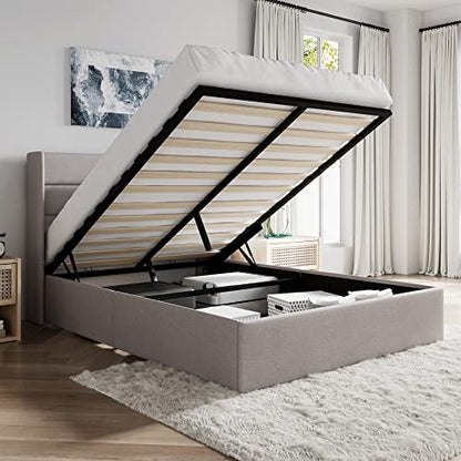 Queen Size Lift Up Hydraulic Storage Bed Frame Light Beige