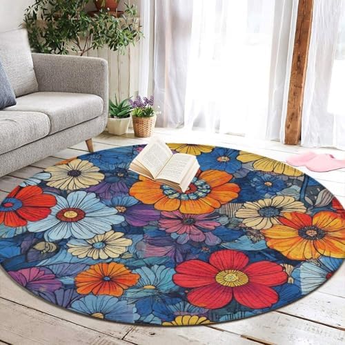 Fashion Round Area Rug Large Non Slip Carpet, Boho Floral Blossom Unisex Home Decor Mat
