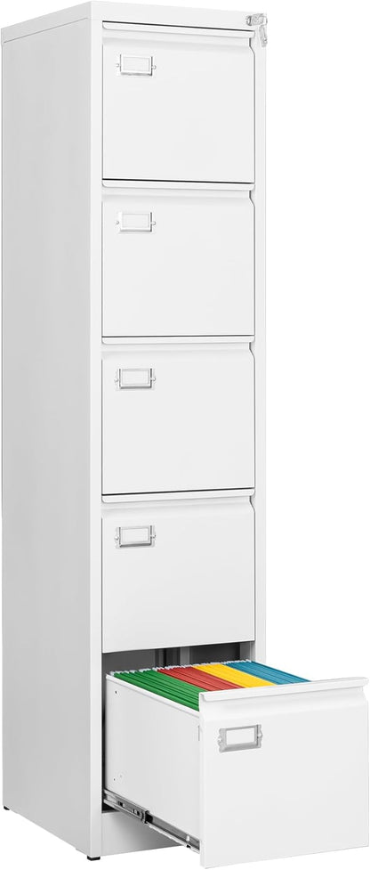 Fesbos File Cabinets - 5 Drawers Vertical 17.8" Deep Lockable Filing Cabinet - White Metal Storage Cabinets for Home Office to Hanging Files Letter/Legal/F4/A4 Size