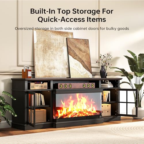 70" Fireplace TV Stand,3-Sided Glass Electric Fireplace, Black