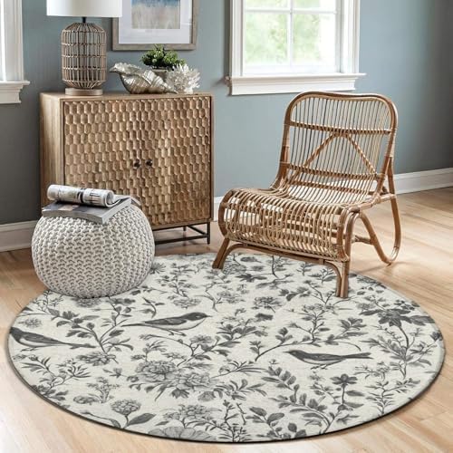 Fashion Round Area Rug Large Non Slip Carpet, Flower Bird Floral Unisex Home Decor Mat