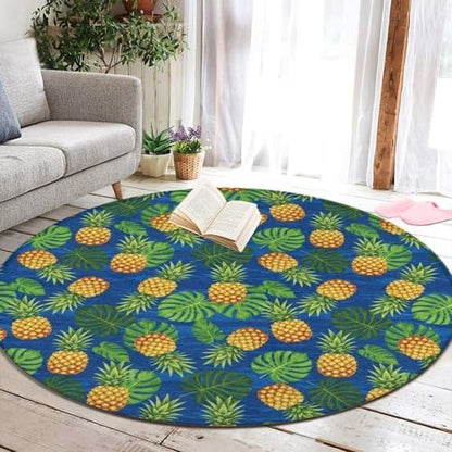 Fashion Round Area Rug Large Non Slip Carpet Unisex Home Decor Mat Tropical Banana Palm Leaves Pineapples, 24inch