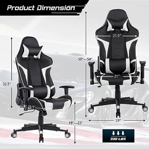 DORTALA Ergonomic Gaming Chair, High-Back Racing Chair w/Massage Lumbar Support, Extra Power Bank Pocket, 360° Swivel, Adjustable Backrest & Armrest, for Office, Game Room (White)