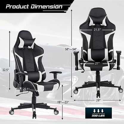 DORTALA Ergonomic Gaming Chair, High-Back Racing Chair w/Massage Lumbar Support, Extra Power Bank Pocket, 360° Swivel, Adjustable Backrest & Armrest, for Office, Game Room (White)