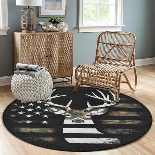 Circular Rugs Large Modern Round Area Rug Fashion Decor Mat for Home Office Camo Deer Hunting Camouflage USA Flag