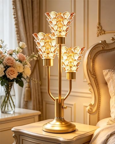 Mid Century Modern Gold Glass Table Lamp Dimmable Nightstand Lamp