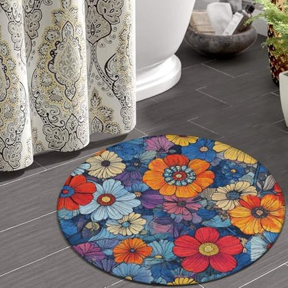 Fashion Round Area Rug Large Non Slip Carpet, Boho Floral Blossom Unisex Home Decor Mat