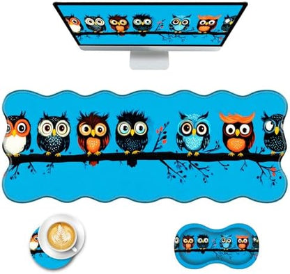 Mouse Pad with Wrist Support + Desk Mat + Coaster 3 in 1 Set, XL Large Gaming Mousepad Ergonomic Mouse Pads for Desk Computer Laptop Office,Cute Owls on a Branch