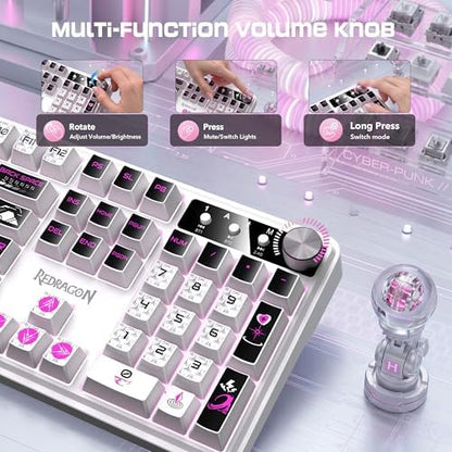 Redragon RM104 Wireless Gaming Keyboard with Knob, Tri-Mode BT/2.4G/USB-C RGB Computer Keyboards, 4000mAh Battery, Programmable Software Support, Anti-Ghosting, Compatible with PC Mac - Pink & White