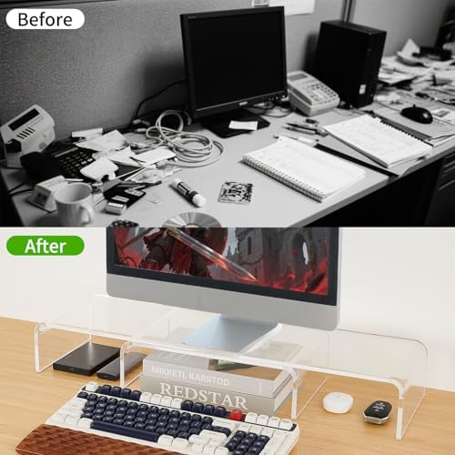 LEKETREE Acrylic Monitor Stand , Clear Monitor Stand for Desk, Computer Accessories for Home Office, Desk Organizer Shelf for Laptop, PC, Multi Media and more