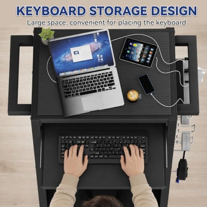 Mobile AV Cart with Pullout Keyboard Tray Media Utility Cart with Pegboard Hooks 4 Outlets & Push Handles Rolling Computer Cart with Lock Brake Wheels Mobile Computer Workstation