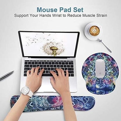 Keyboard Wrist Rest Pad and Mouse pad with Wrist Rest Support Set, Non Slip Rubber Base Wrist Support Mousepad with Ergonomic Comfy Gel Memory Foam for Home Office Efficient Working（Mandala Art)