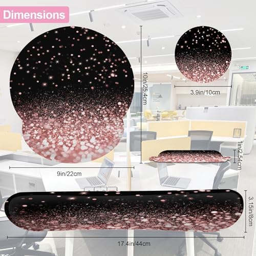 Rose Gold Glitter Mouse Pad with Wrist Rest and Keyboard Wrist Rest Set, Non-Slip Rubber Base Memory Foam Mouse Pad Set for Women, Office Desk Accessories, Gaming