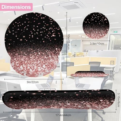 Rose Gold Glitter Mouse Pad with Wrist Rest and Keyboard Wrist Rest Set, Non-Slip Rubber Base Memory Foam Mouse Pad Set for Women, Office Desk Accessories, Gaming
