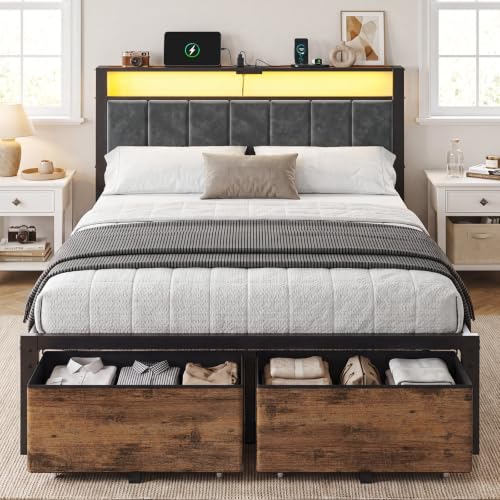 Full Size Bed Frame with Upholstered Headboard and 2 Storage Drawers