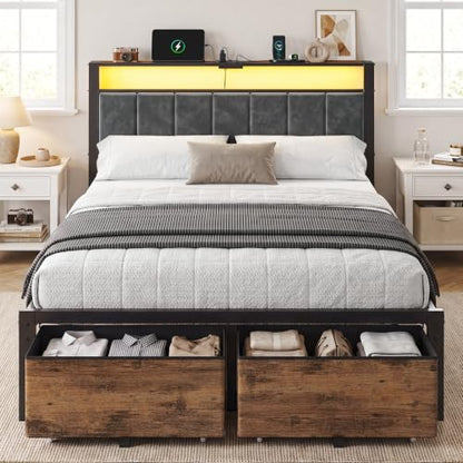 Full Size Bed Frame with Upholstered Headboard and 2 Storage Drawers