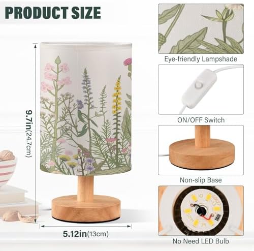 Bedside Lamp Flowers Herbs Wildflowers Botanical Table Lamp for Bedroom LED Nightstand Lamp Shade USB Ports Wood Base for Living Room Dorm Office