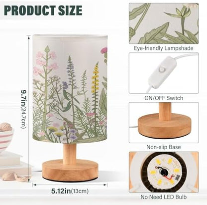 Bedside Lamp Flowers Herbs Wildflowers Botanical Table Lamp for Bedroom LED Nightstand Lamp Shade USB Ports Wood Base for Living Room Dorm Office