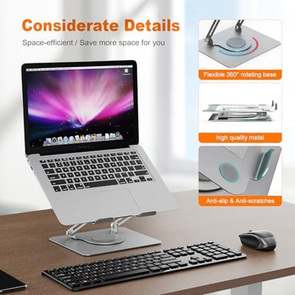 GRIFEMA Laptop Stand for Desk, Foldable Laptop Riser with 360° Swivel Base, Adjustable Height & Angle, Ventilated Computer Stand Compatible with MacBook Air/Pro, Dell, and 11-17" Laptops - Silver