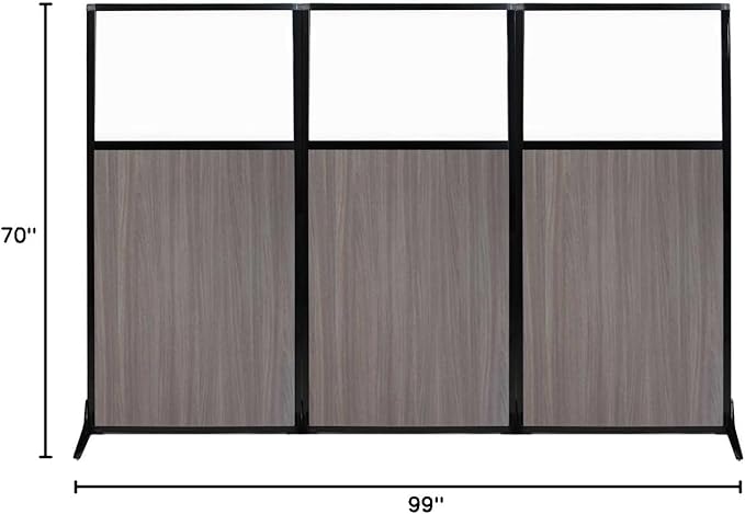 Versare Workstation Partition | Portable Wall Divider | Modern Office Cubicle | Free Standing Privacy Screen | Flexible Work Space | 99" x 70" Gray Elm Wood Grain Panels with Clear Window