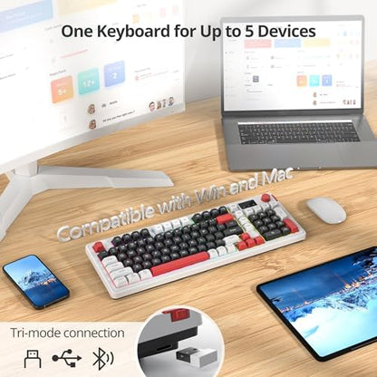 Fogruaden 96% Wireless Silent Quiet Gaming Keyboard with Number Pad & Knob, Mechanical Feel, Spill-Resistant, Multimedia Keys, Wired/BT/2.4G, USB Rechargeable Membrane Computer Keyboard for Win/Mac